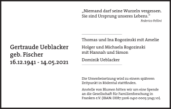 Anzeige von Gertraude Ueblacker von MGO