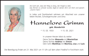 Anzeige von Hannelore Grimm von MGO