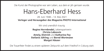 Anzeige von Hans-Eberhard Hess von MGO