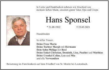 Anzeige von Hans Sponsel von MGO