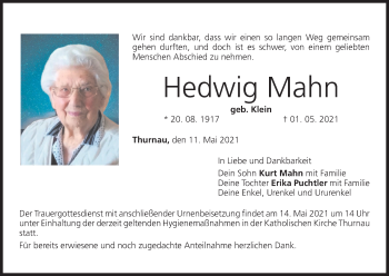 Anzeige von Hedwig Mahn von MGO