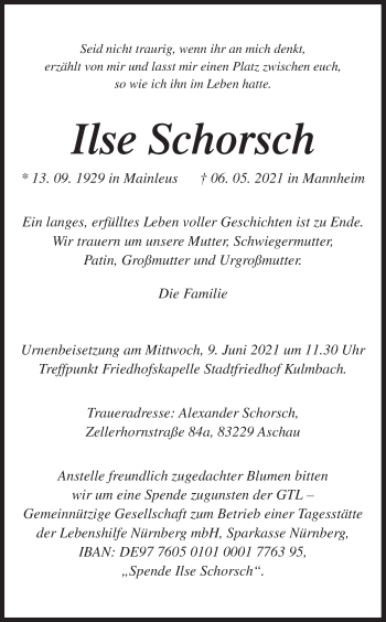 Anzeige von Ilse Schorsch von MGO