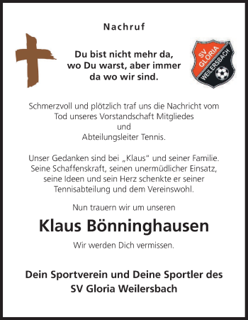 Anzeige von Klaus Bönninghausen von MGO