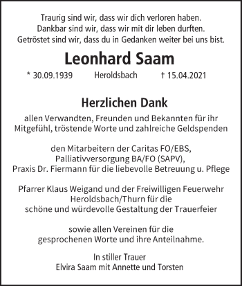 Anzeige von Leonhard Saam von MGO