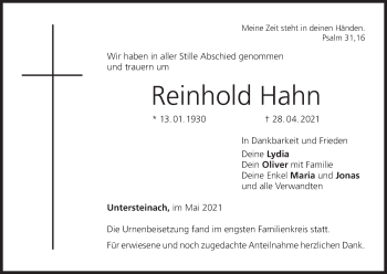 Anzeige von Reinhold Hahn von MGO