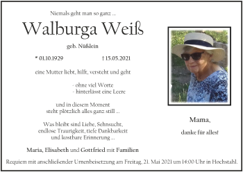 Anzeige von Walburga Weiß von MGO