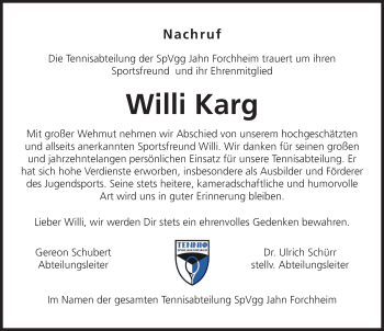 Anzeige von Willi Karg von MGO