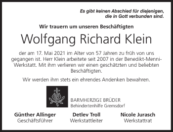 Anzeige von Wolfgang Richard Klein von MGO