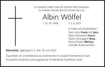 Anzeige von Albin Wölfel von MGO