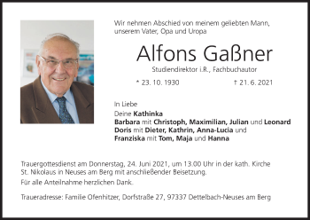 Anzeige von Alfons Gaßner von MGO