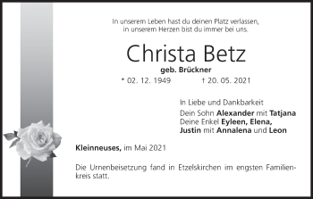 Anzeige von Christa Betz von MGO