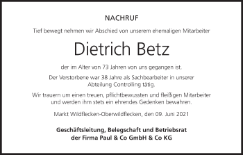 Anzeige von Dietrich Betz von MGO