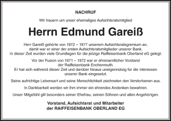 Anzeige von Edmund Gareiß von MGO