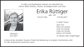 Anzeige von Erika Rüttiger von MGO