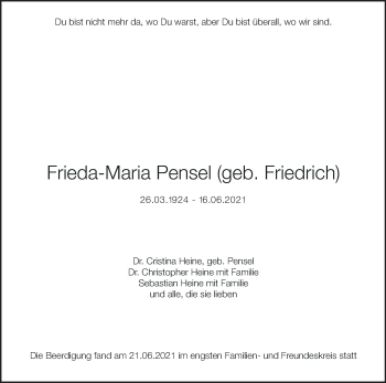 Anzeige von Frieda-Maria Pensel von MGO