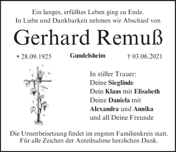 Anzeige von Gerhard Remuß von MGO