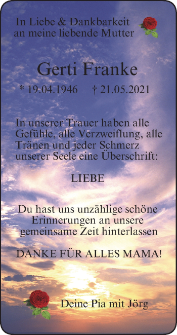 Anzeige von Gerti Franke von MGO