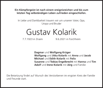 Anzeige von Gustav Kolarik von MGO