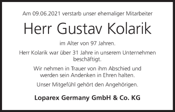 Anzeige von Gustav Kolarik von MGO