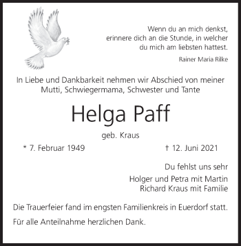 Anzeige von Helga Pfaff von MGO