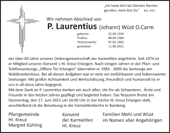 Anzeige von Laurentius Wüst O.Carm von MGO