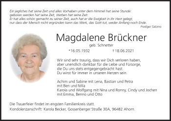 Anzeige von Magdalene Brückner von MGO