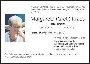 Anzeige von Margareta Kraus von MGO
