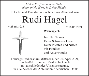 Anzeige von Rudi Hagel von MGO