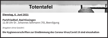Anzeige von Totentafel vom 01.06.2021 von MGO