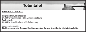 Anzeige von Totentafel vom 02.06.2021 von MGO