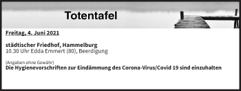 Anzeige von Totentafel vom 03.06.2021 von MGO