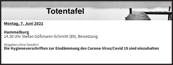 Anzeige von Totentafel vom 07.06.2021 von MGO