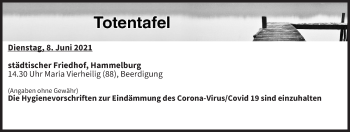 Anzeige von Totentafel vom 08.06.2021 von MGO