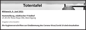 Anzeige von Totentafel vom 09.06.2021 von MGO