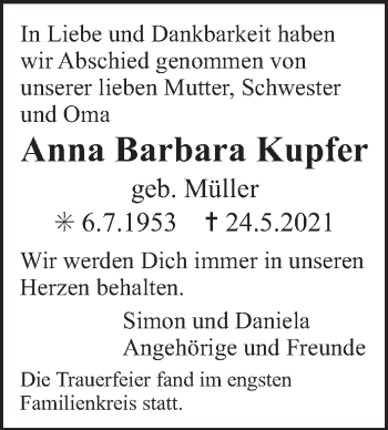 Anzeige von Anna Barbara Kupfer von MGO
