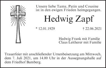 Anzeige von Hedwig Zapf von MGO