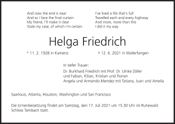 Anzeige von Helga Friedrich von MGO