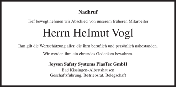 Anzeige von Helmut Vogl von MGO