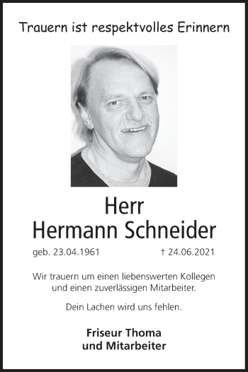 Anzeige von Hermann Schneider von MGO