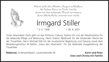 Anzeige von Irmgard Stiller von MGO