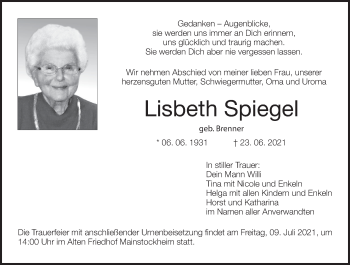 Anzeige von Lisbeth Spiegel von MGO