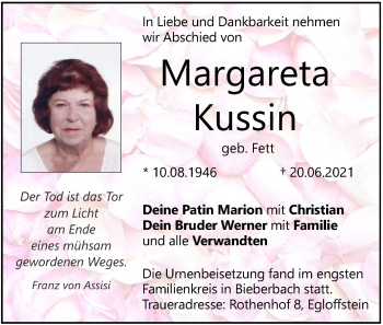 Anzeige von Margareta Kussin von MGO