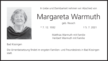 Anzeige von Margareta Warmuth von MGO