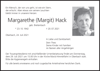 Anzeige von Margarethe Hack von MGO