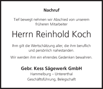 Anzeige von Reinhold Koch von MGO