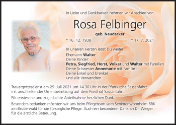 Anzeige von Rosa Felbinger von MGO