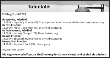 Anzeige von Totentafel vom 02.07.2021 von MGO