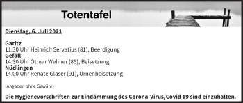 Anzeige von Totentafel vom 06.07.2021 von MGO