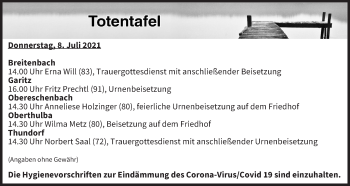 Anzeige von Totentafel vom 08.07.2021 von MGO