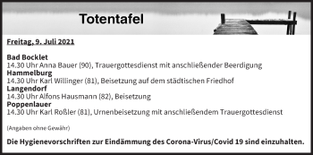 Anzeige von Totentafel vom 09.07.2021 von MGO